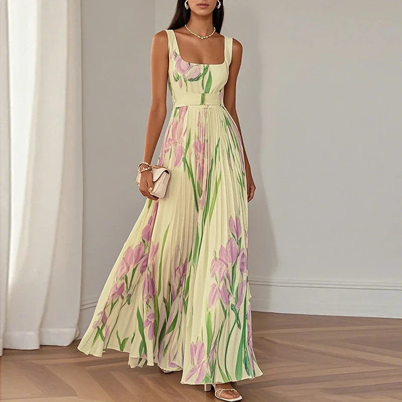 Iris | Floral Square Neck Pleated A Line Maxi Wedding Guest Dress