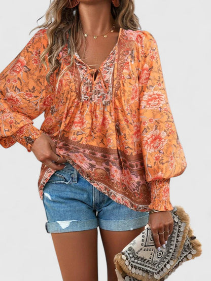 Wren | Boho Floral Print Tie Neck Puff Sleeve Smocked Blouse