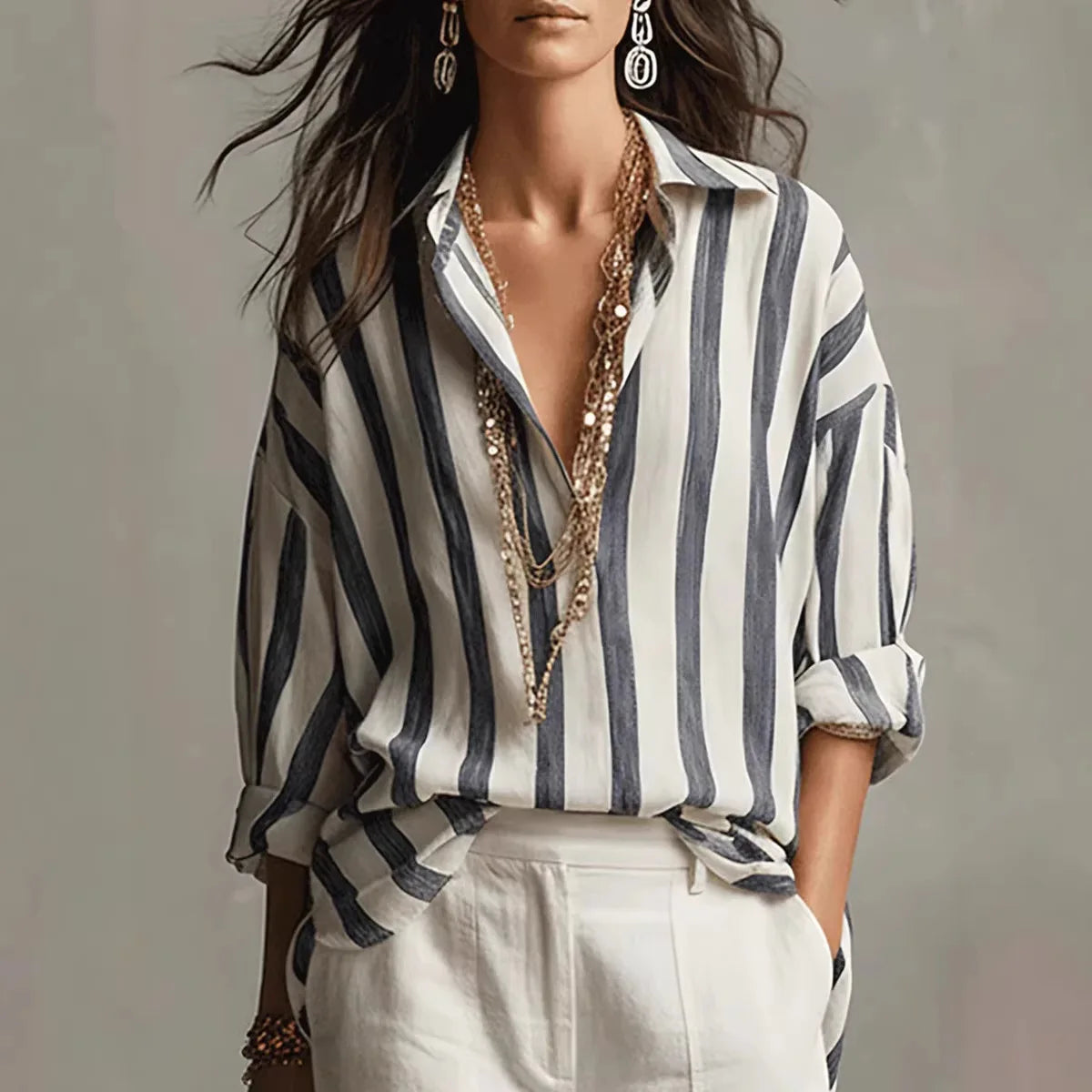 Amaris | Striped Lapel Collar Long Sleeve Oversized Linen Blend Blouse