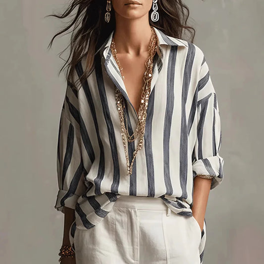 Amaris | Striped Lapel Collar Long Sleeve Oversized Linen Blend Blouse