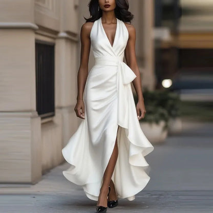 Keltie | Women's Halter Satin Wedding Guest Maxi Dress