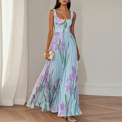 Iris | Floral Square Neck Pleated A Line Maxi Wedding Guest Dress