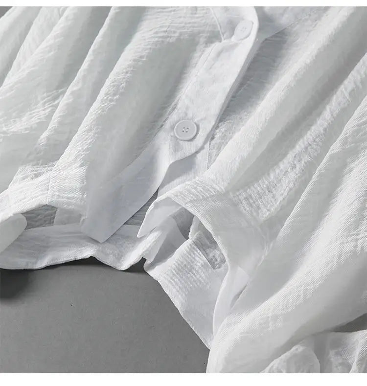 Eliana | V Neck Single Button Puff Sleeve Cropped Linen Blend Blouse