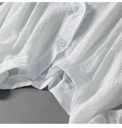 Eliana | V Neck Single Button Puff Sleeve Cropped Linen Blend Blouse