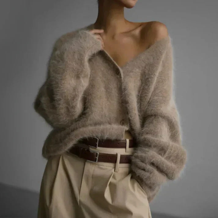 Willow | Women's Fuzzy Knit V-Neck Button-Front Cardigan