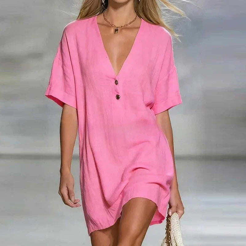 Liora | Deep V Neck Short Sleeve Linen Blend Tunic Top