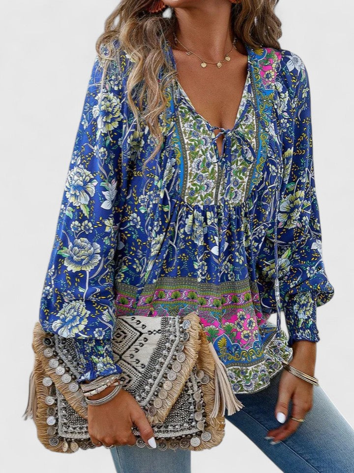 Wren | Boho Floral Print Tie Neck Puff Sleeve Smocked Blouse