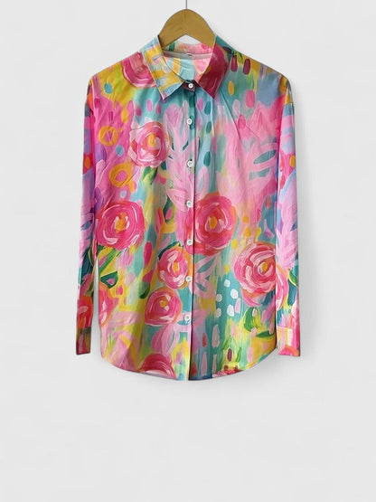 Anica | Floral Print Collared Button Down Long Sleeve Casual Blouse