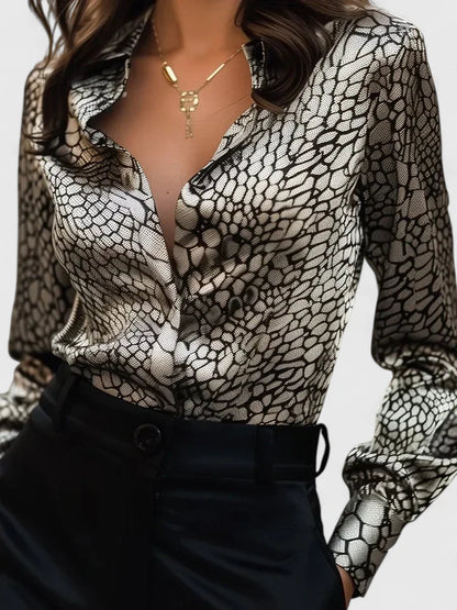 Lyzziane | Leopard Print Lapel Collar Long Sleeve Elegant Blouse