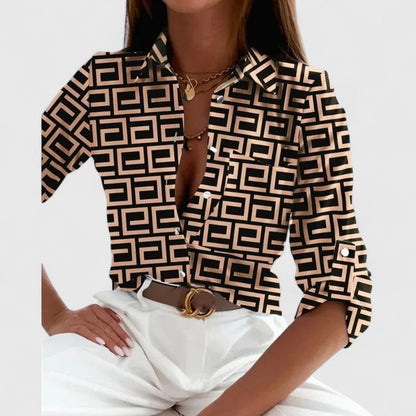 Lisette | Geometric Print Lapel Collar Long Sleeve Elegant Blouse