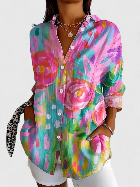 Anica | Floral Print Collared Button Down Long Sleeve Casual Blouse