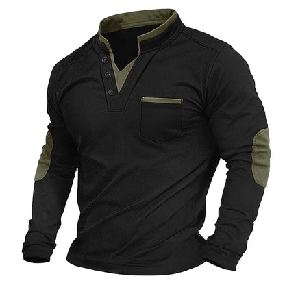  Garrick | Men's Henley Contrast Stand Collar Elbow Patch Long Sleeve Sweatshirt