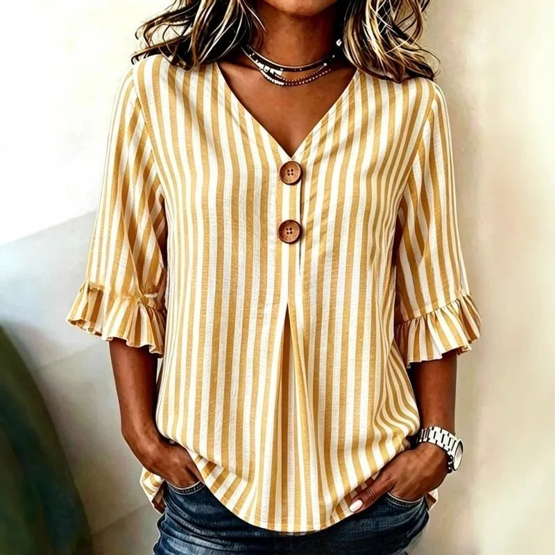 Hazel | Women's Striped Blouses V Neck Ruffle Sleeve Button Front
