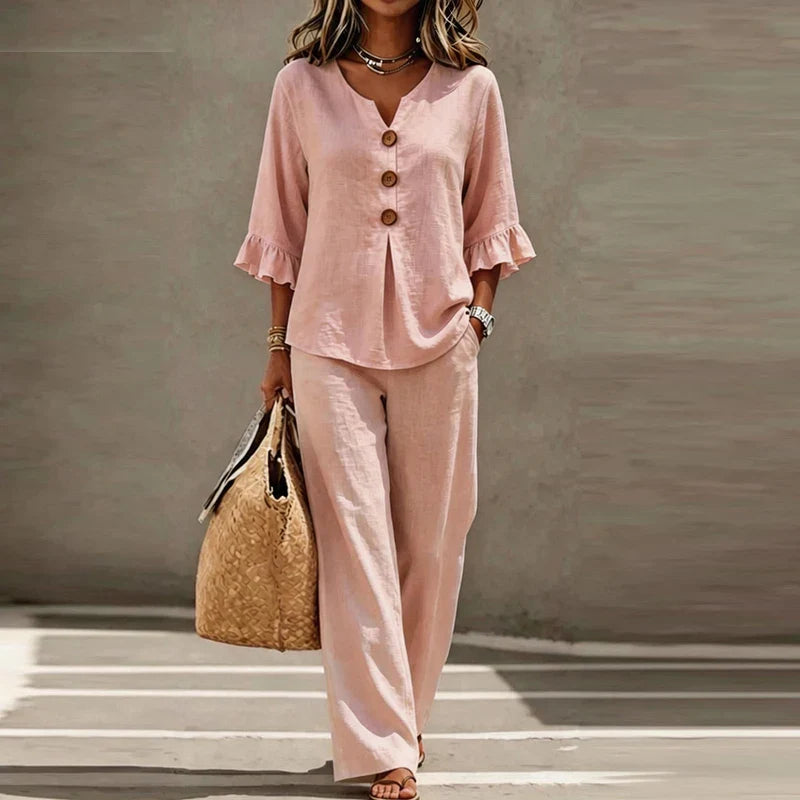 Isabelle | Women's Linen Blend Two Piece Set Ruffle Sleeve Wide Leg