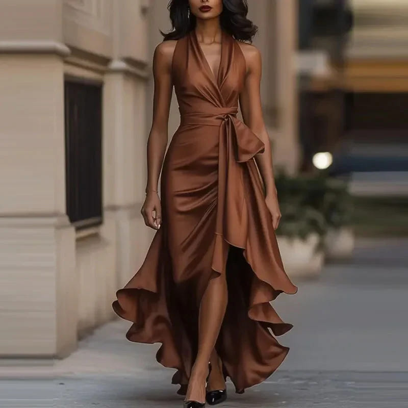 Keltie | Women's Halter Satin Wedding Guest Maxi Dress