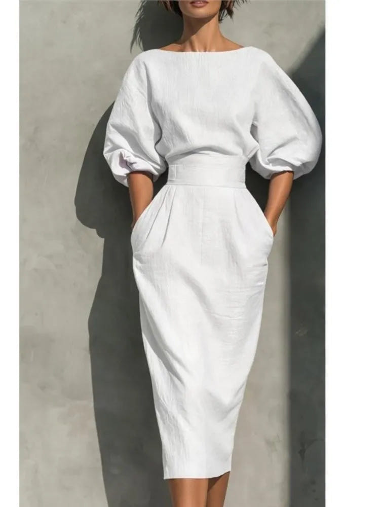 Bailey | Women's Elegant Pleated Lantern Sleeve Midi Dress