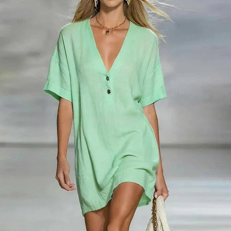 Liora | Deep V Neck Short Sleeve Linen Blend Tunic Top