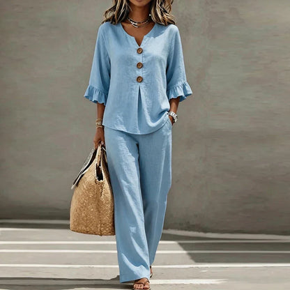 Isabelle | Women's Linen Blend Two Piece Set Ruffle Sleeve Wide Leg