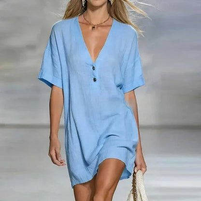Liora | Deep V Neck Short Sleeve Linen Blend Tunic Top