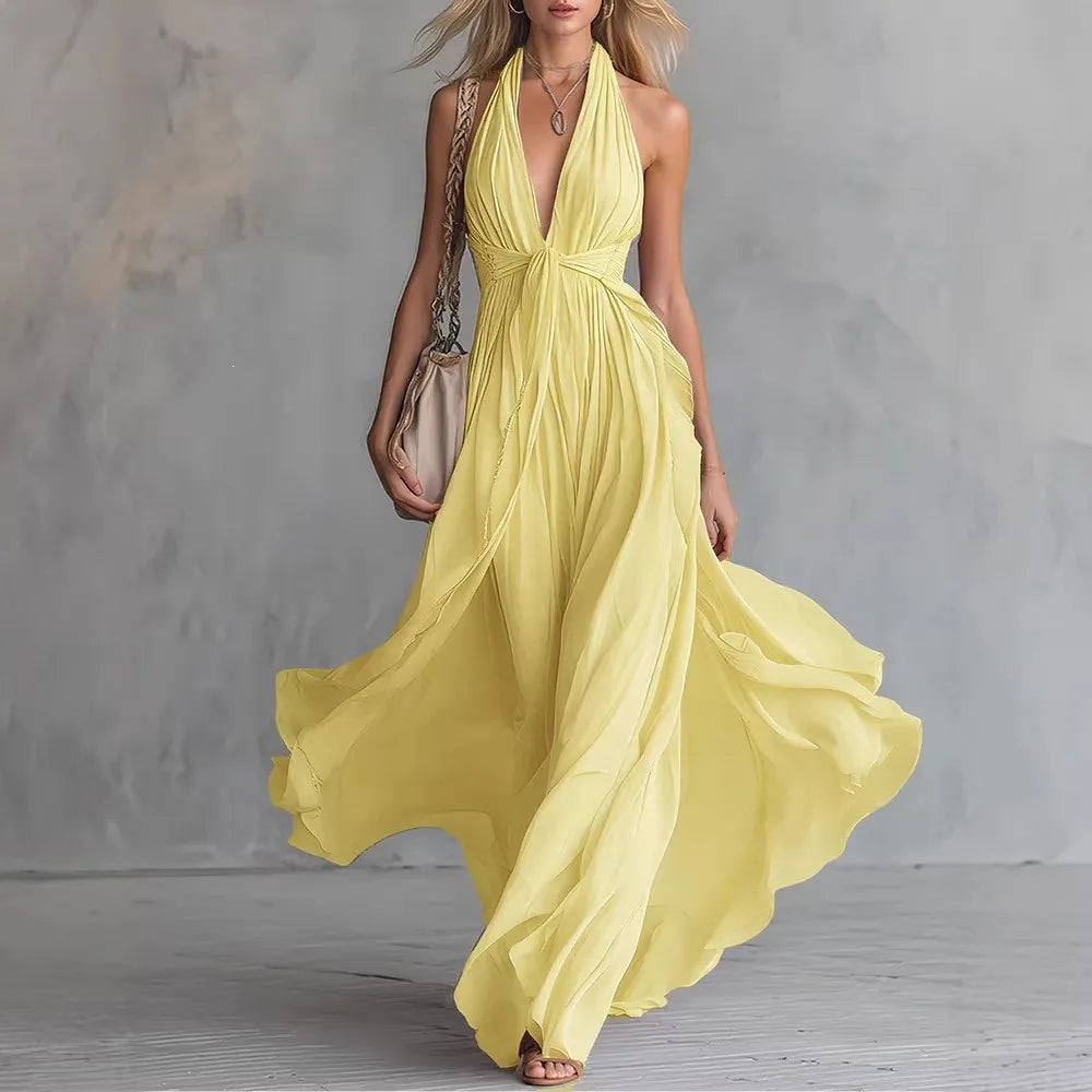 Seraphine | Women's Halter Plunge Flowy Maxi Dress