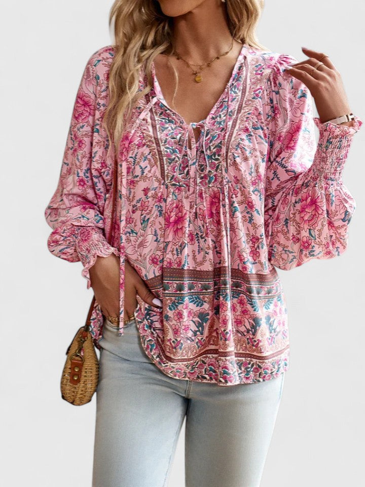 Wren | Boho Floral Print Tie Neck Puff Sleeve Smocked Blouse
