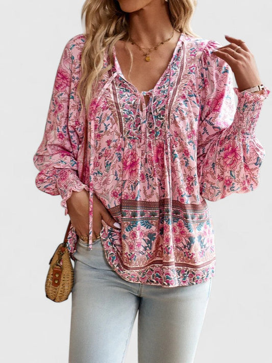 Wren | Boho Floral Print Tie Neck Puff Sleeve Smocked Blouse