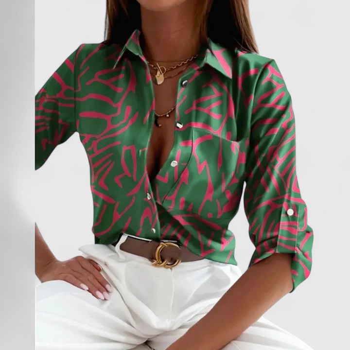 Lisette | Geometric Print Lapel Collar Long Sleeve Elegant Blouse