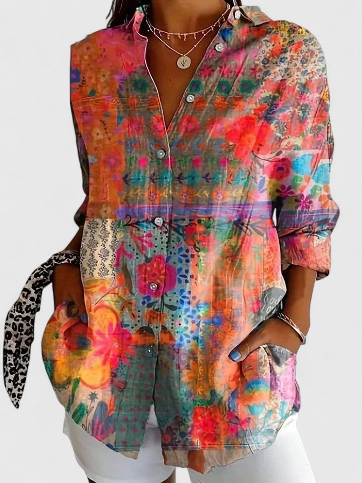 Anica | Floral Print Collared Button Down Long Sleeve Casual Blouse