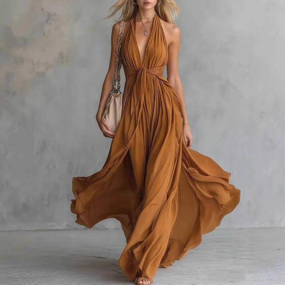 Seraphine | Women's Halter Plunge Flowy Maxi Dress