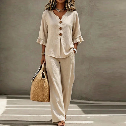 Isabelle | Women's Linen Blend Two Piece Set Ruffle Sleeve Wide Leg