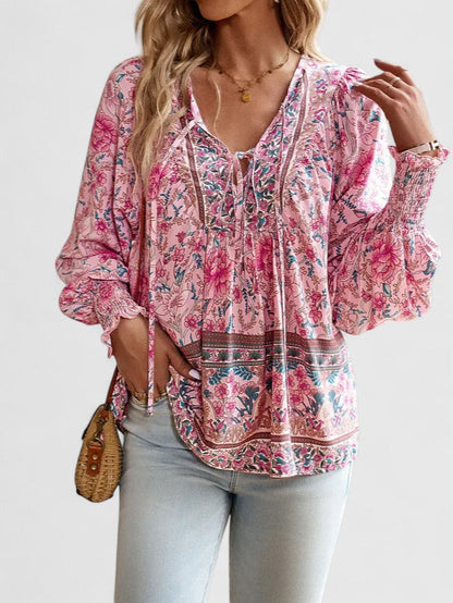 Wren | Boho Floral Print Tie Neck Puff Sleeve Smocked Blouse