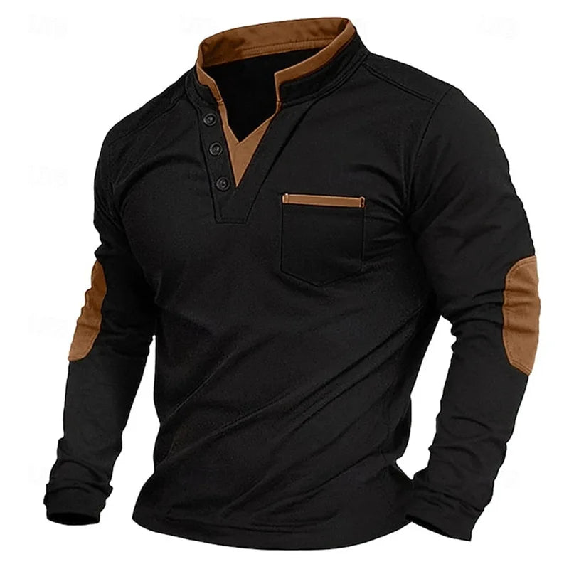  Garrick | Men's Henley Contrast Stand Collar Elbow Patch Long Sleeve Sweatshirt