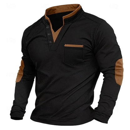  Garrick | Men's Henley Contrast Stand Collar Elbow Patch Long Sleeve Sweatshirt