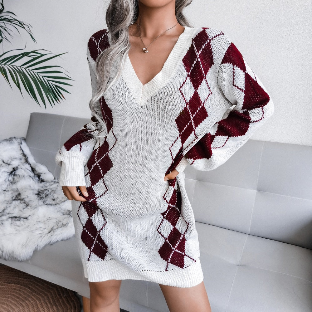 Brynn | Women's Argyle Knit V-Neck Long Sleeve Oversized Pullover Sweater Dress
