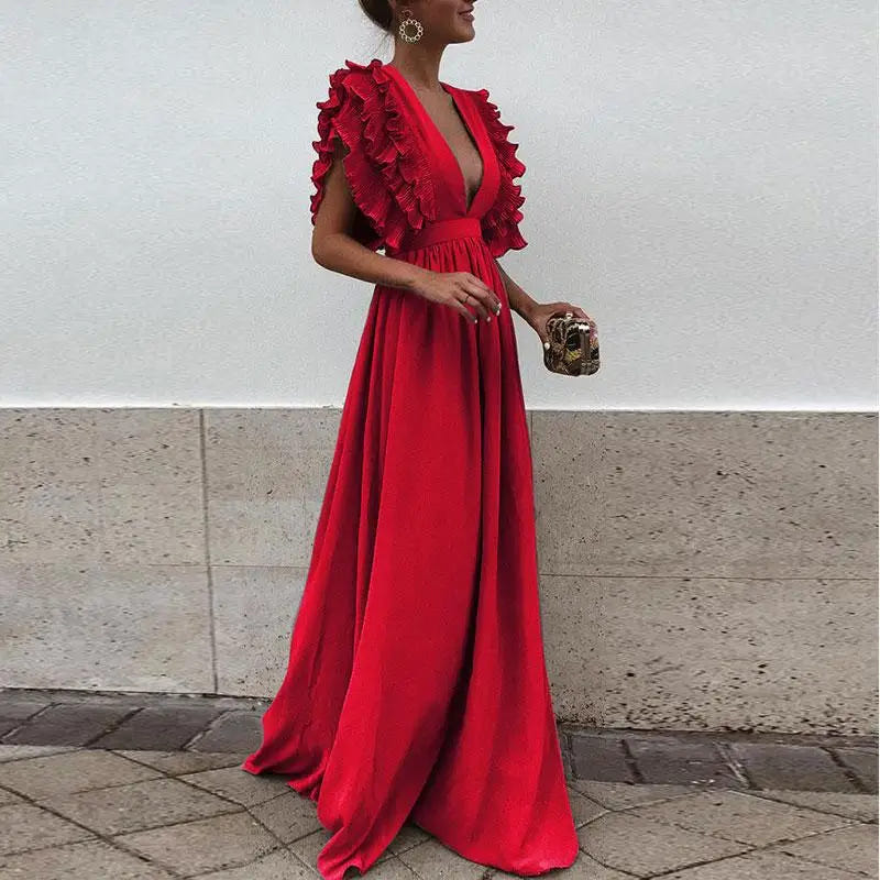 Beatrice | Women's Ruffled V-Neck Deep-V Maxi Dress