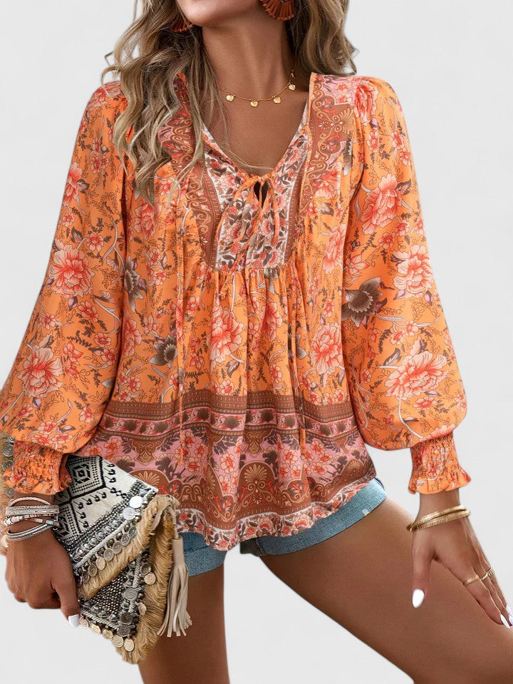 Wren | Boho Floral Print Tie Neck Puff Sleeve Smocked Blouse