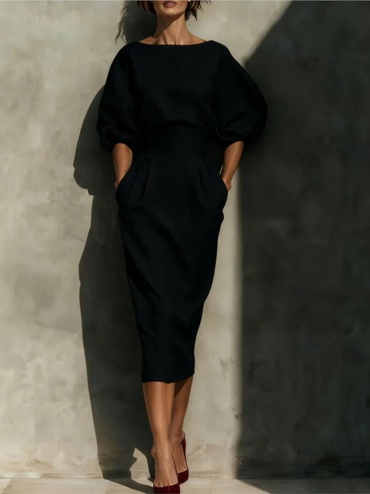 Bailey | Women's Elegant Pleated Lantern Sleeve Midi Dress