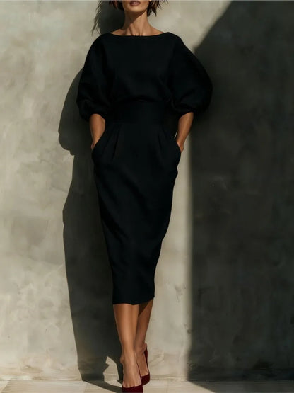 Bailey | Women's Elegant Pleated Lantern Sleeve Midi Dress