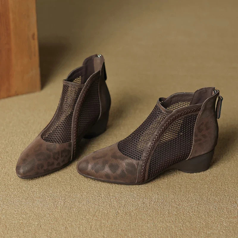 Marlowna | Women's Leopard Print Mesh Panel Block Heel Ankle Boot