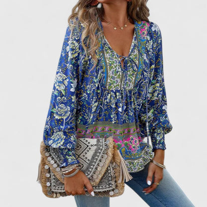 Wren | Boho Floral Print Tie Neck Puff Sleeve Smocked Blouse