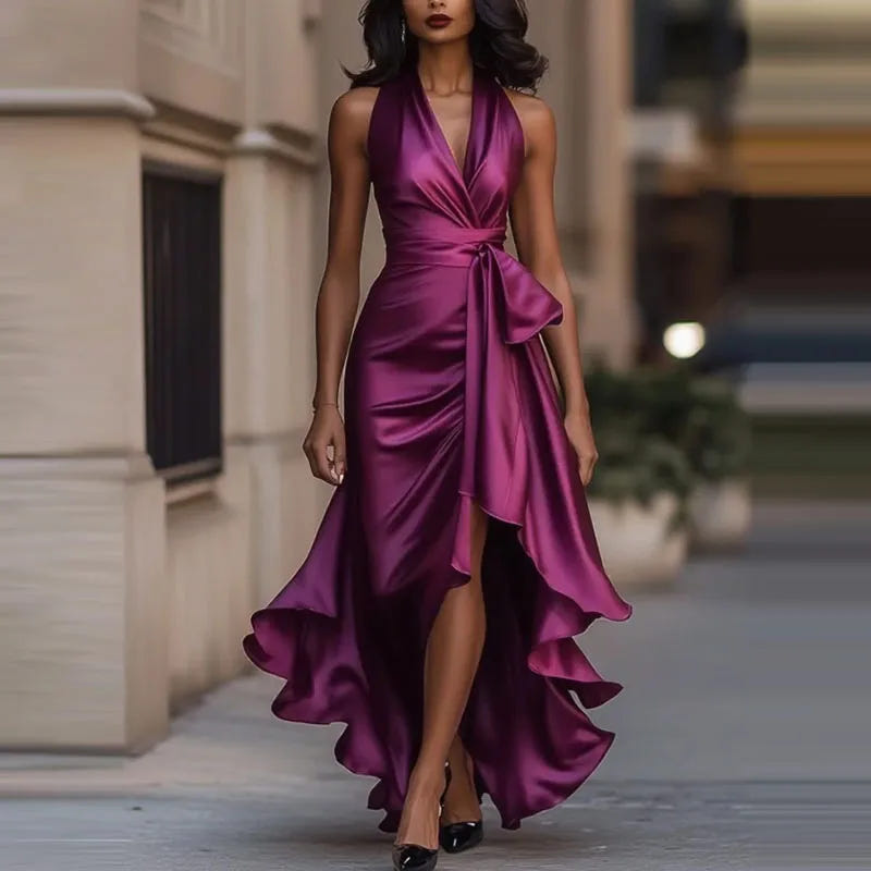 Keltie | Women's Halter Satin Wedding Guest Maxi Dress