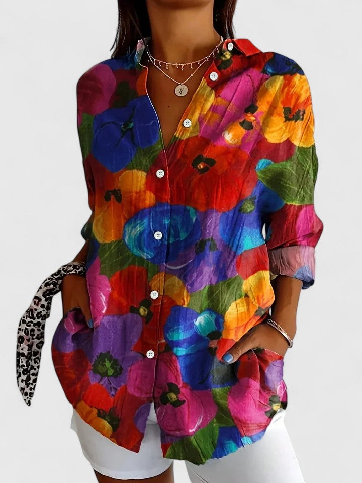Anica | Floral Print Collared Button Down Long Sleeve Casual Blouse
