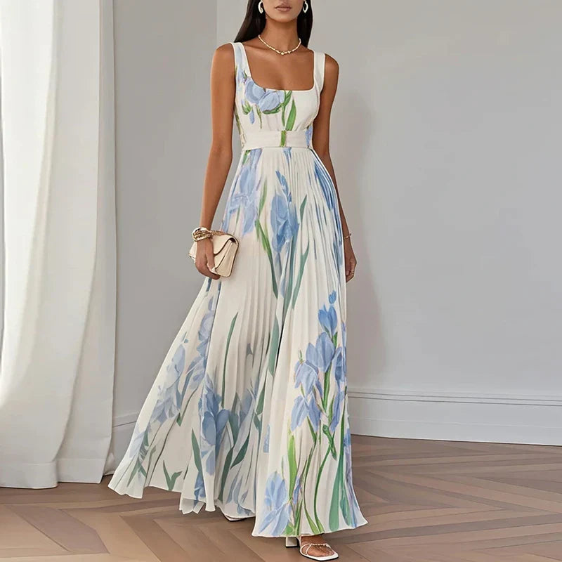 Iris | Floral Square Neck Pleated A Line Maxi Wedding Guest Dress