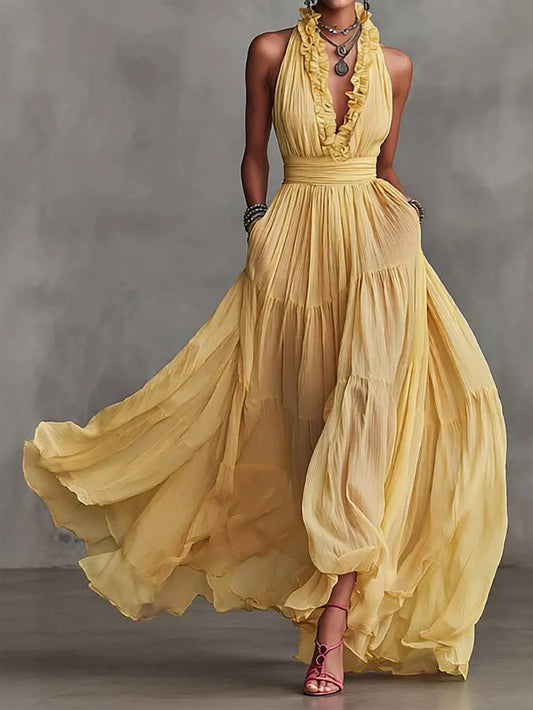 Seraphina | Women's Halter Neck Ruffle Trim Chiffon Maxi Dress