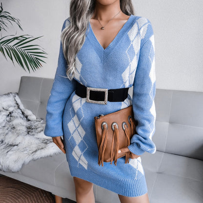 Brynn | Women's Argyle Knit V-Neck Long Sleeve Oversized Pullover Sweater Dress