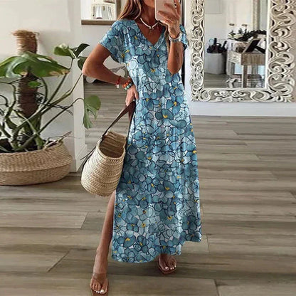 Beatrice | Boho V Neck Short Sleeve Side Slit Maxi Summer Dress