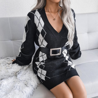 Brynn | Women's Argyle Knit V-Neck Long Sleeve Oversized Pullover Sweater Dress