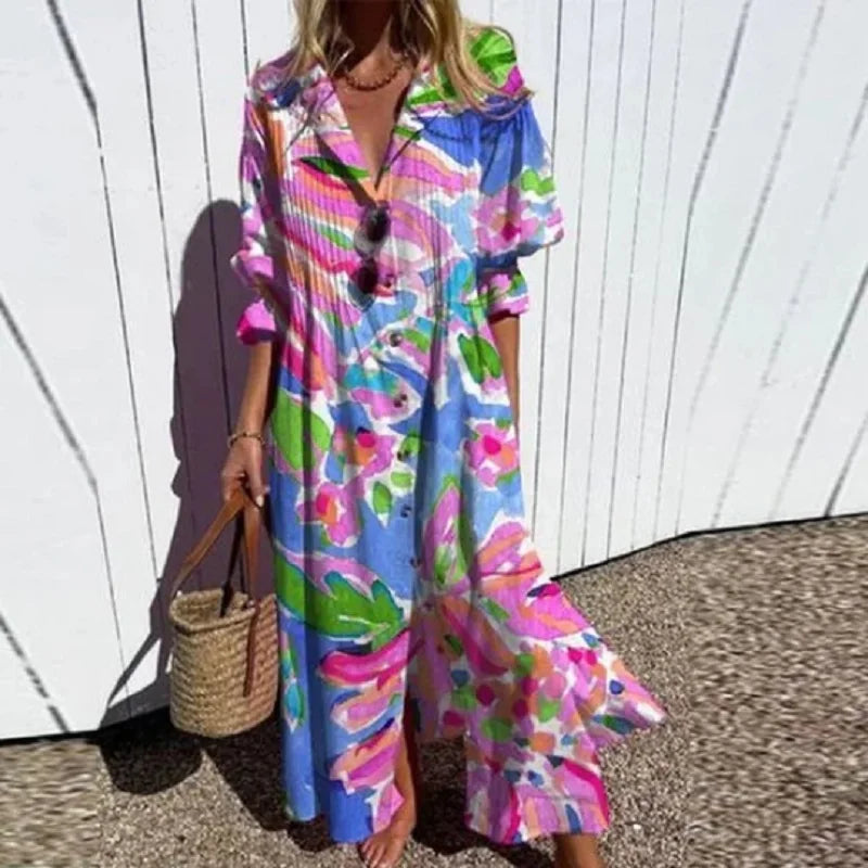 Catherine | Floral Button Front Long Sleeve Boho Maxi Summer Dress