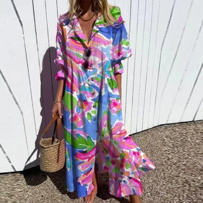 Catherine | Floral Button Front Long Sleeve Boho Maxi Summer Dress