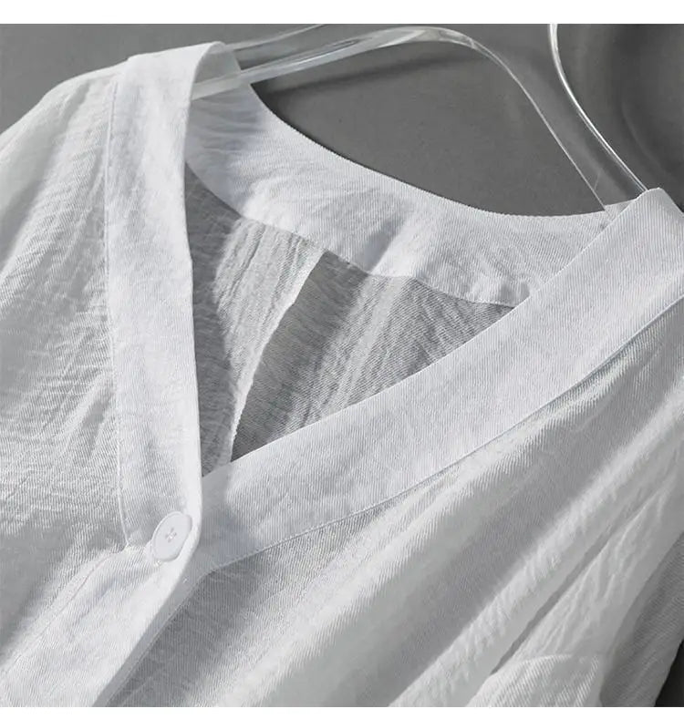 Eliana | V Neck Single Button Puff Sleeve Cropped Linen Blend Blouse